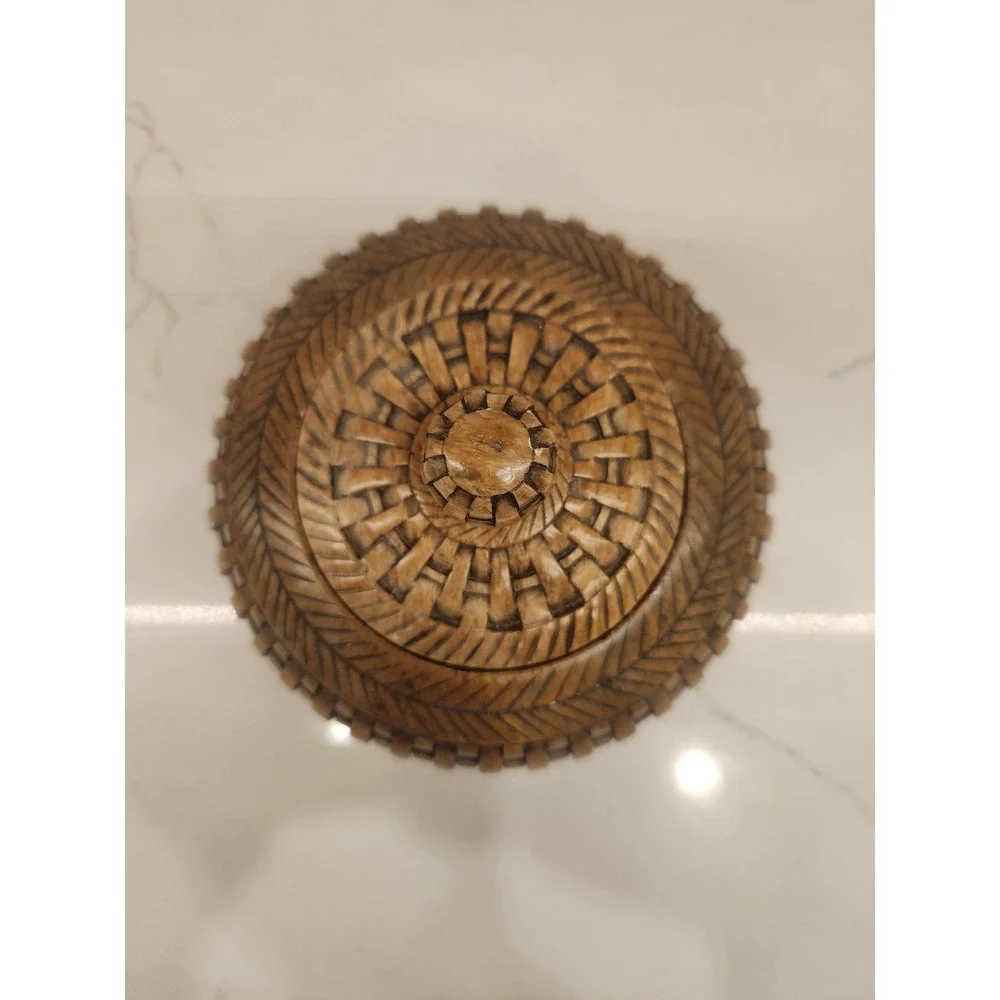 Vertical Wicker Weave Brown‎ Soapstone Jar Trinket Decor Box with Lid Heavy